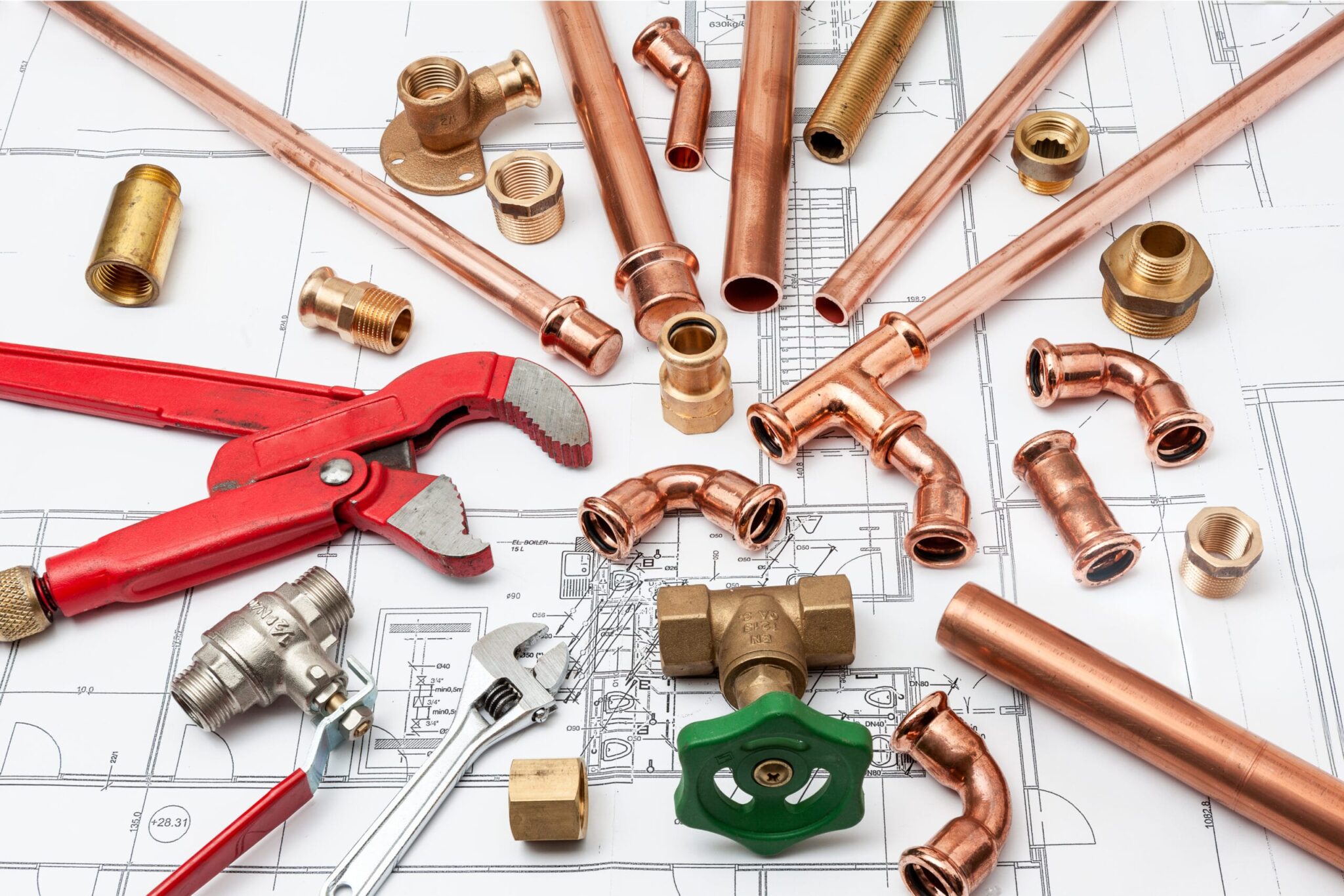 Copper pipes, fittings, valves, and plumbing tools in Ontario