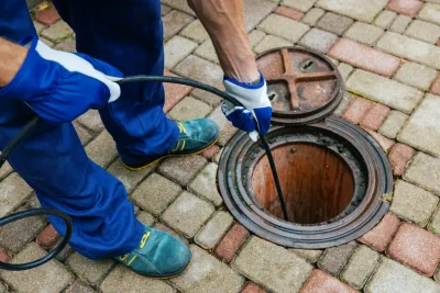 Plumber cleaning an outdoor sewer drain in Ontario