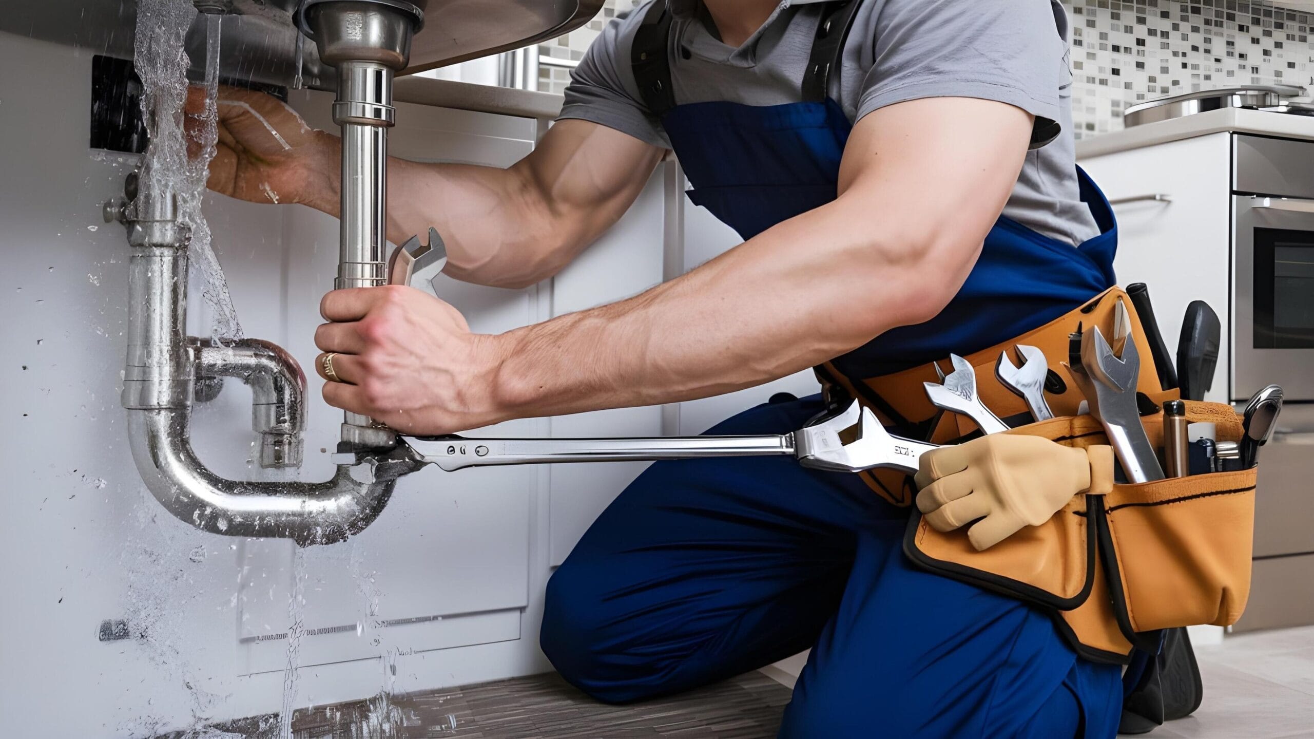 Plumber tightening a residential plumbing pipe in Ontario