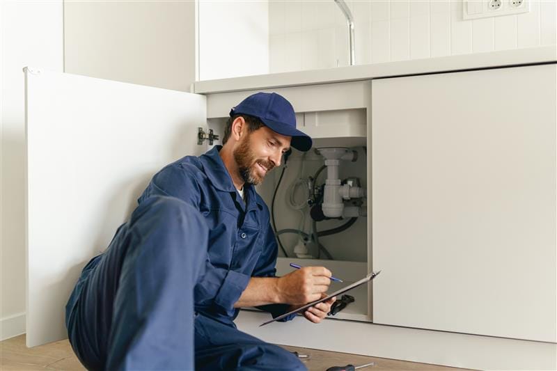 Residential plumber reviewing plumbing repairs in a Ontario kitchen