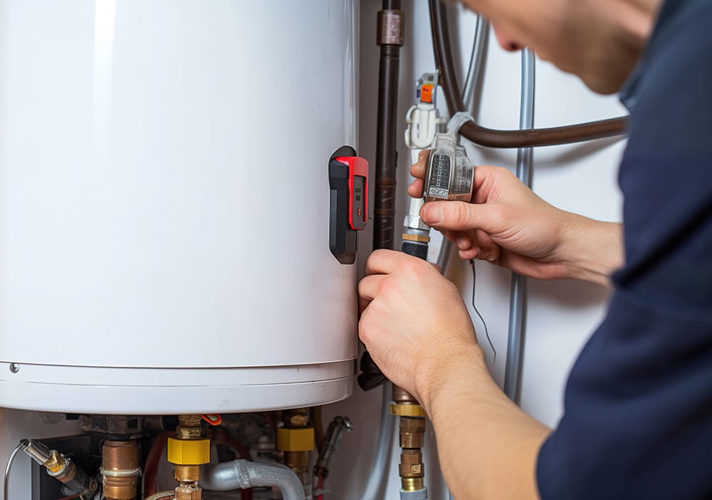 Technician repairing pipes connected to a water heater in Ontario